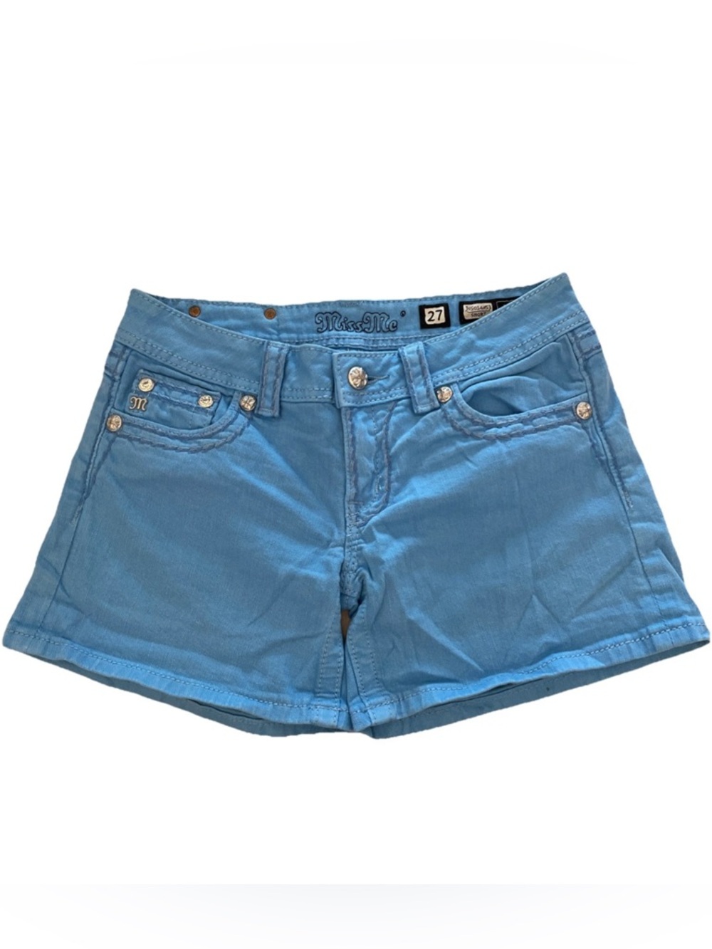 Miss Me Jeans Shorts 27, JS5014H53 Washed Sky Blue Low Rise Studded Crystals Y2K - Picture 2 of 13